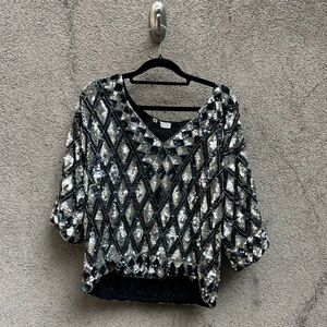 Vintage 70s 80s Sequin Embellished Black and Silver Women's Top